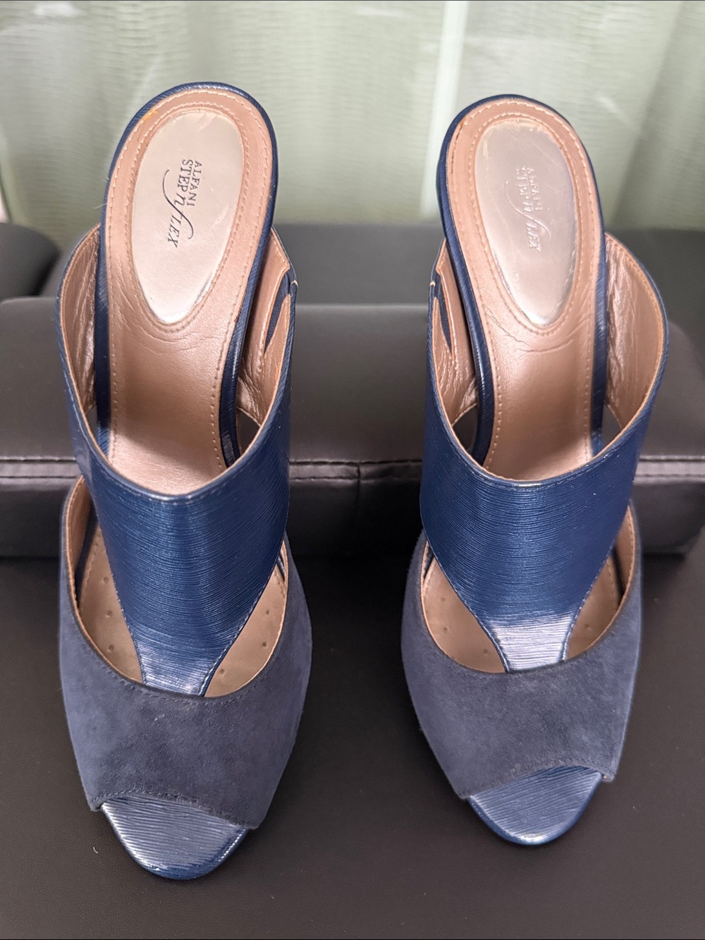 Alfani Blue Leather and Suede Open-Toe Slide Heels